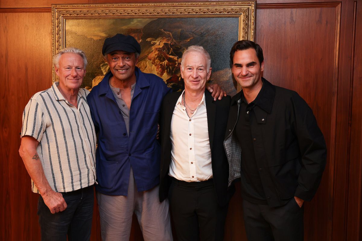 Bjorn Borg with incoming Team Europe Captain Yannick Noah, John McEnroe and Roger Federer at the Captains' meeting. 