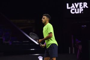 Francisco Cerundolo practices at Uber Arena. Photo by Luciano Lima/Getty Images