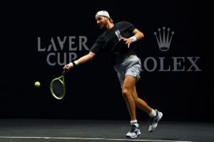 Jan-Lennard Struff of Team Europe plays a forehand during a Team Europe Practice Session at Uber Arena. Photo by Luciano Lima/Getty Images