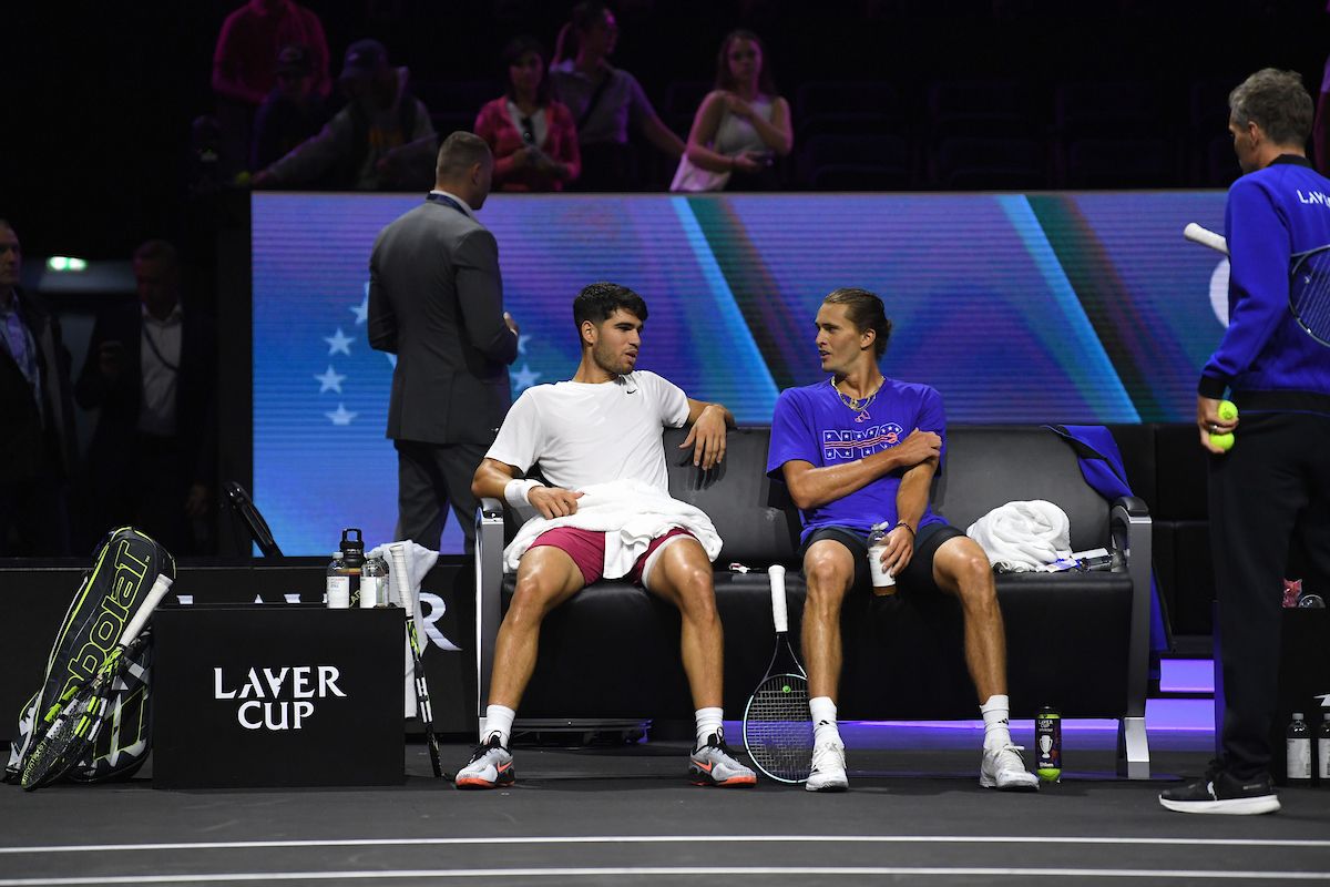 Carlos Alcaraz and Alexander Zverev test out their doubles partnership during Open Practice Day at Uber Arena. 