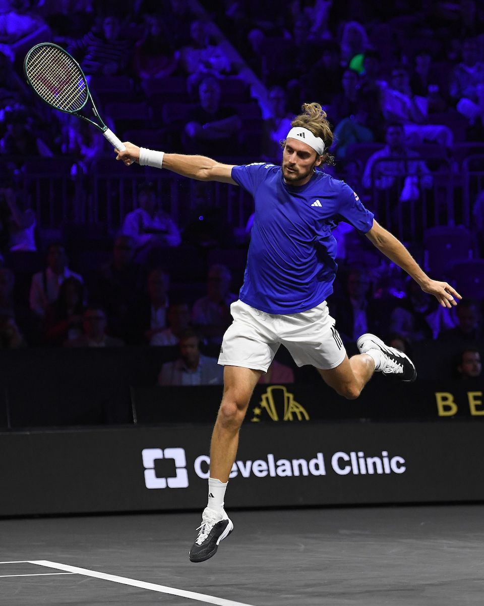 Stefanos Tsitsipas in full flight on Day 1 of Laver Cup Berlin 2024. 