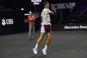 Thanasi Kokkinakis practices at Uber Arena. Photo by Luciano Lima/Getty Images