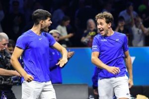 Carlos Alcaraz and Casper Ruud of Team Europe celebrate after winning match point in the first doubles on Sunday. Photo by Luciano Lima/Getty Images