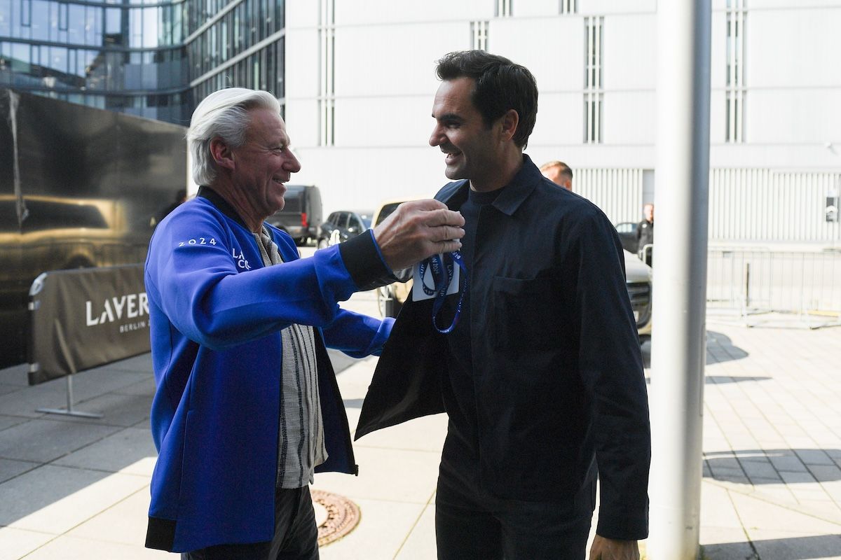 Roger Federer greets Bjorn Borg in Berlin, where the Swede will deliver his last campaign as Captain of Team Europe. 