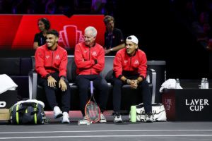 Team World trio Francisco Cerundolo, John McEnroe and Alejandro Tabilo during Open Practice Day. Photo by Maja Hitij/Getty Images