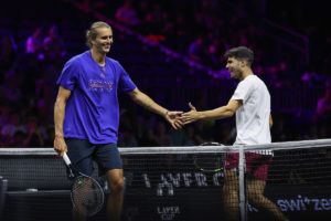 Alexander Zverev and Carlos Alcaraz shake hands at Team Europe's Open Practice session. Photo by Maja Hitij/Getty Images