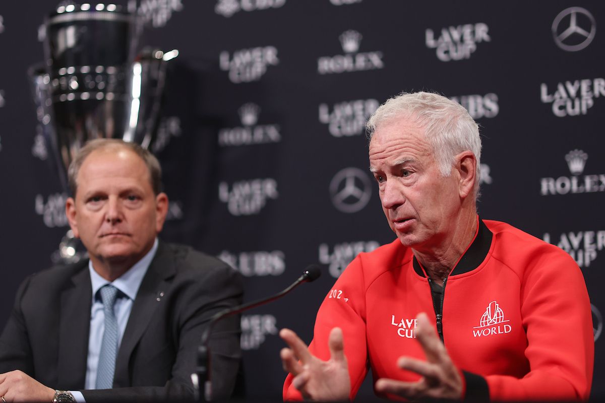 Tony Godsick looks on as Team World Captain John McEnroe talks with conviction about the Laver Cup's important role in tennis. 