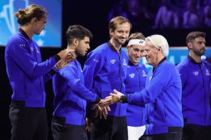 Team Europe Captain Bjorn Borg greets his players at the Opening Ceremony. Photo by Maja Hitij/Getty Images