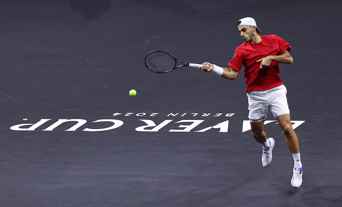 Francisco Cerundolo hits form during his straight-sets victory over Casper Ruud. Photo by Maja Hitij/Getty Images