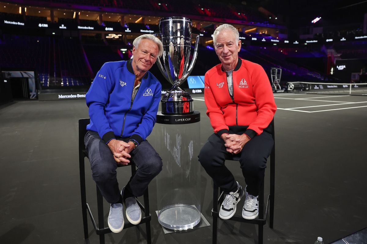 Bjorn Borg and John McEnroe with the Laver Cup. 