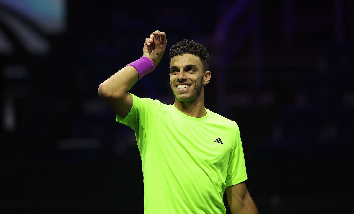 Francisco Cerundolo makes his famous salt gesture during practice. Photo by Maja Hitij/Getty Images