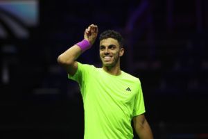 Francisco Cerundolo makes his famous salt gesture during practice. Photo by Maja Hitij/Getty Images