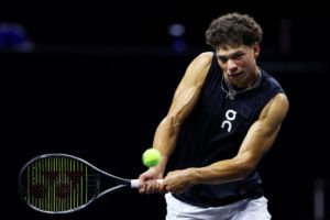 Ben Shelton of Team World plays a backhand during a Team World practice session at Uber Arena. Photo by Maja Hitij/Getty Images for Laver Cup