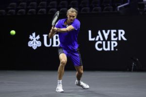 Alexander Zverev of Team Europe plays a backhand during a Team Europe Practice Session at Uber Arena. Photo by Maja Hitij/Getty Images