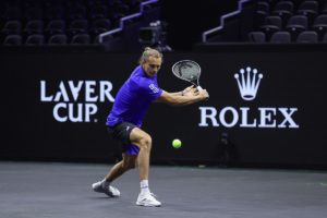 Alexander Zverev of Team Europe plays a backhand during a Team Europe Practice Session at Uber Arena. Photo by Maja Hitij/Getty Images