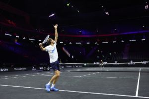 Daniil Medvedev serves during Team Europe practice. Photo by Maja Hitij/Getty Images for Laver Cup