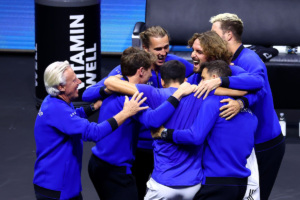 Team Europe teammates embrace. Photo by Sebastian Reuter/2024 Getty Images