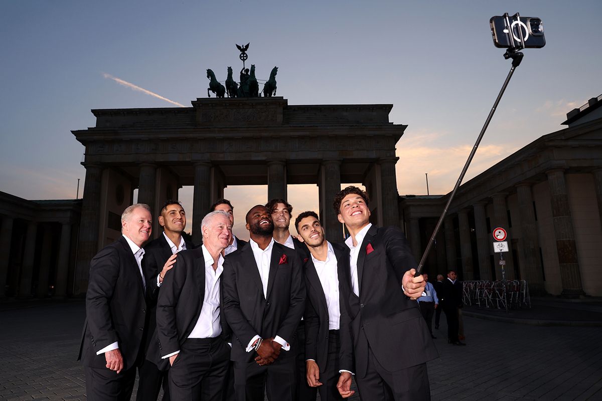 Team World, team selfie at the Brandenburg Gate. 