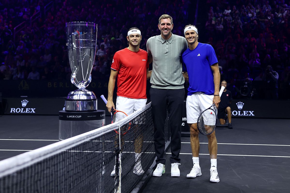 Dirk Nowitzk is flanked by Taylor Fritz and Alexander Zverev.