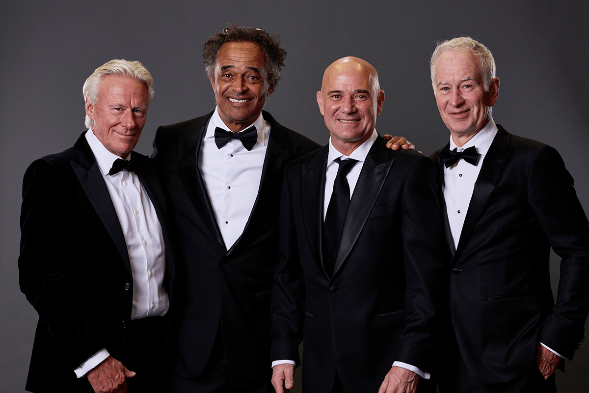 Class acts: Team Europe Captains Bjorn Borg [2017-2024] and Yannick Noah [2025] with Team World Captains Andre Agassi [2025] and John McEnroe [2017-2024]. 