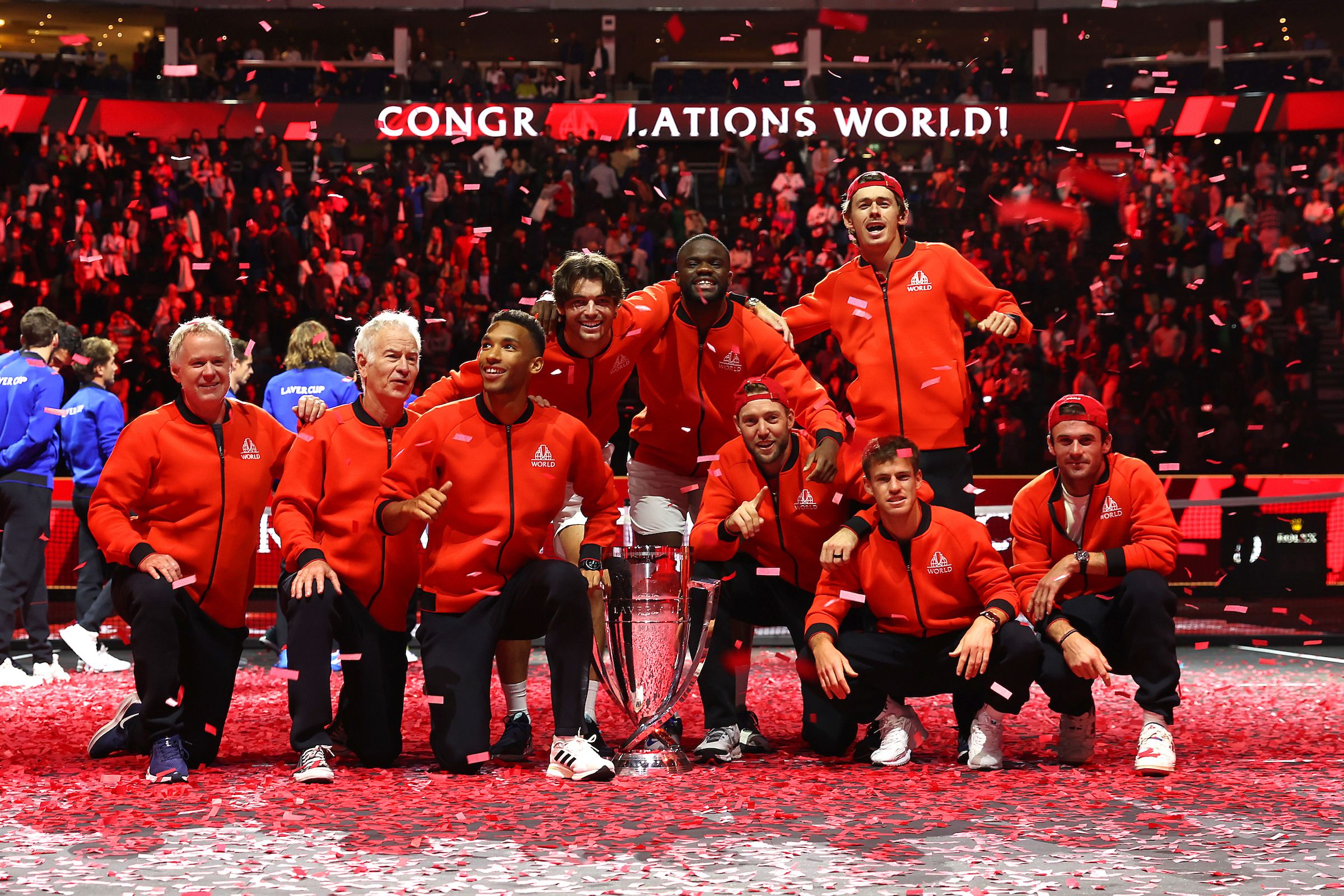 Team World celebrates a breakthrough victory at The O2 in London. 