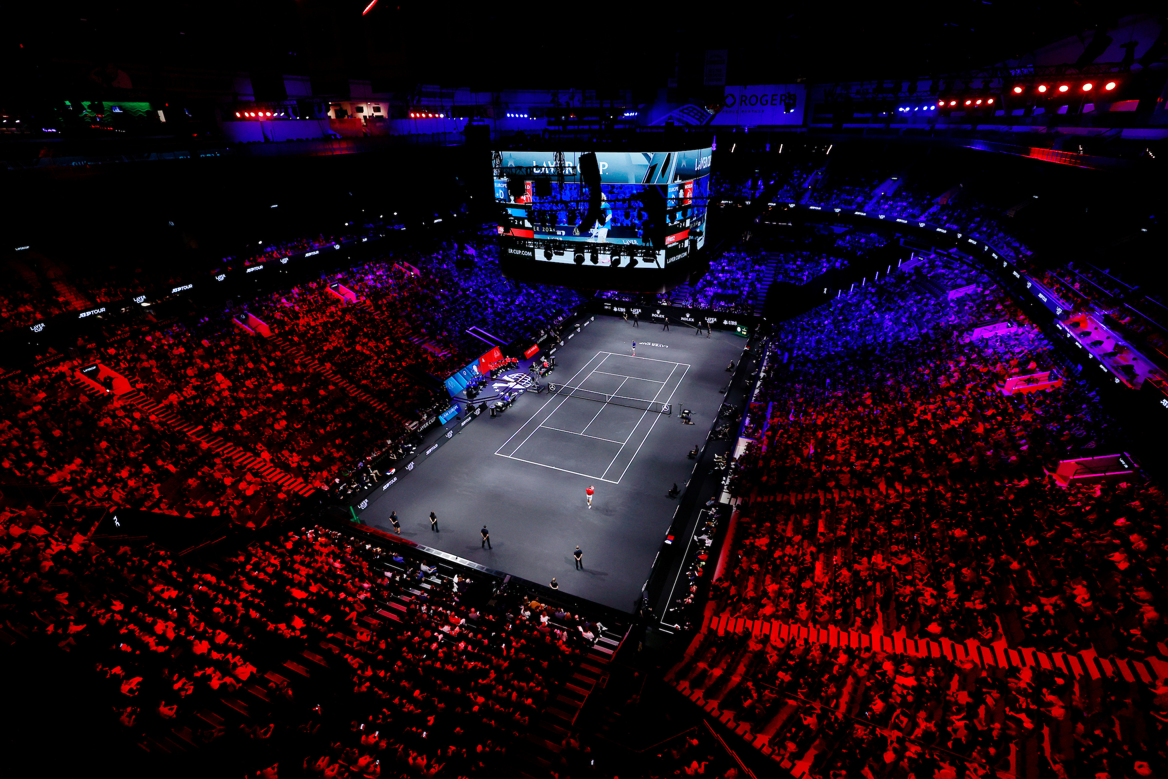 A sea of blue and red surrounds the Laver Cup's signature black court for three intense days of competition. 