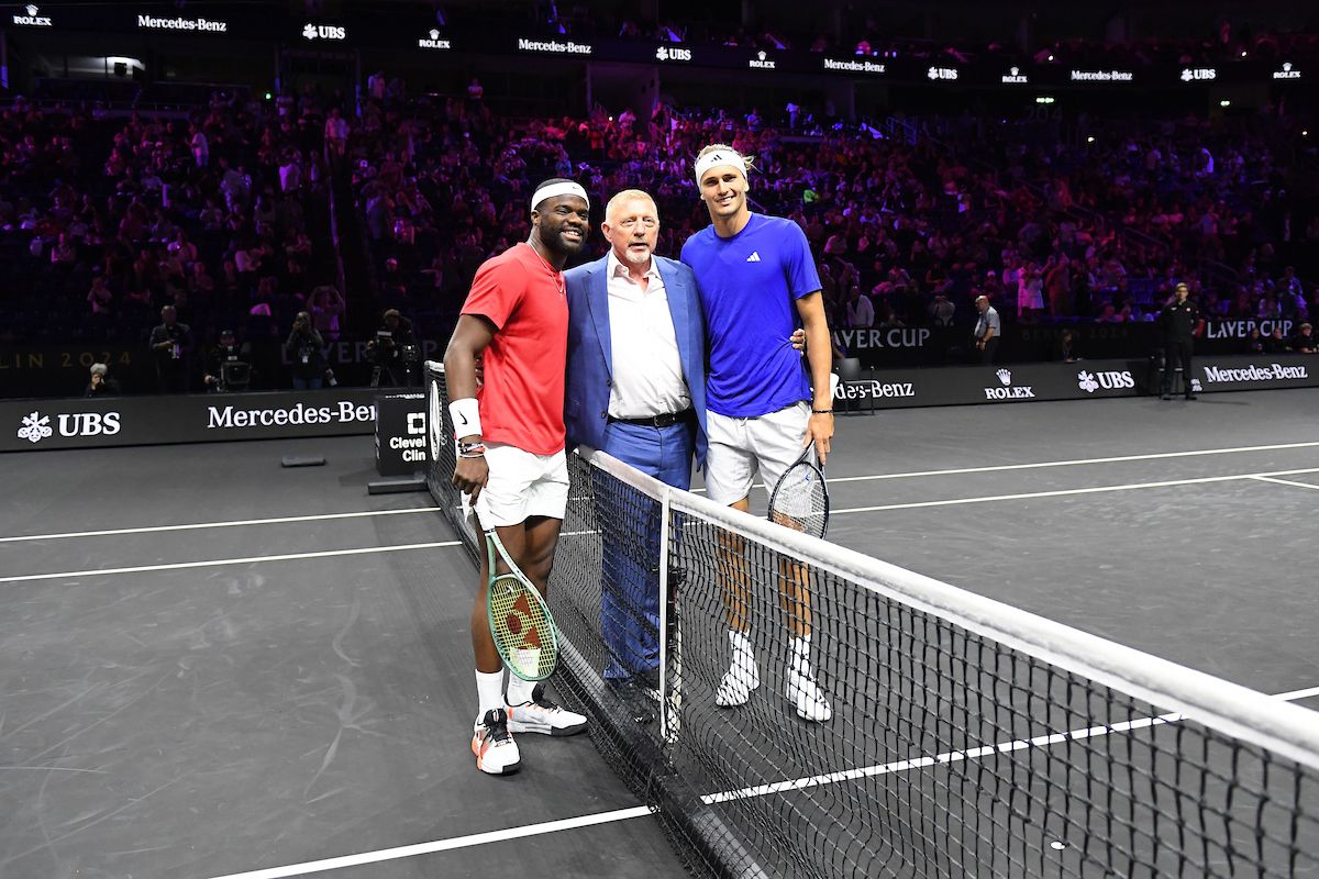  Frances Tiafoe of Team World, Boris Becker and Alexander Zverev of Team Europe pose for a photograph ahead of their match on day three of the Laver Cup Berlin 2024 at Uber Arena.