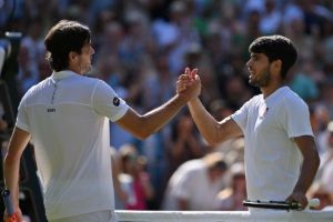 Team Europe's Carlos Alcaraz concludes a gripping semifinal against Team World's Taylor Fritz.