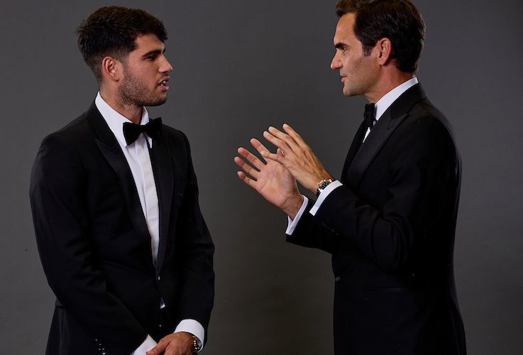 Style Kings: Carlos Alcaraz of Team Europe with Grand Slam champion Roger Federer at the Opening Night Gala in Berlin. 
