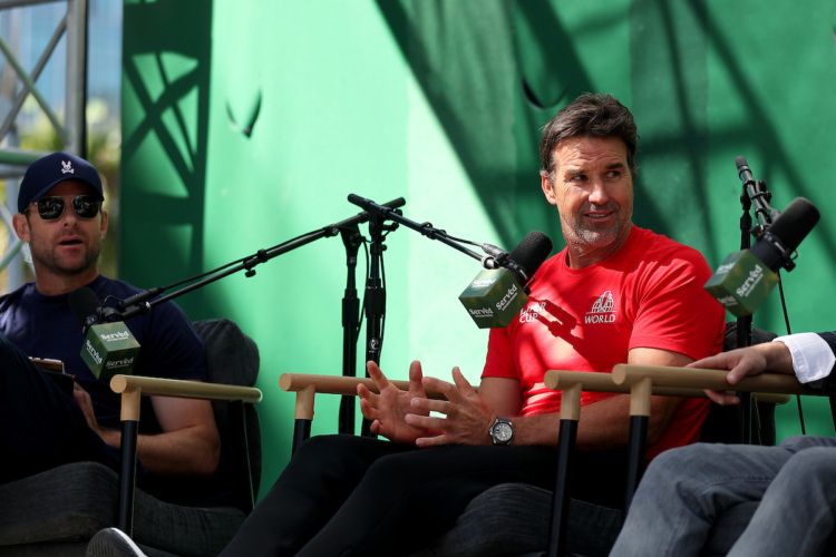 Patrick Rafter on the Served podcast stage in Fan Zone. 