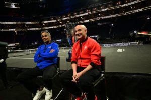Incoming captains Yannick Noah (Team Europe) and Andre Agassi (Team World) settle into Chase Center. Photo: Ben Solomon/Laver Cup