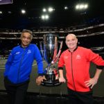 Yannick Noah, Andre Agassi and the Laver Cup trophy. Photo: Ben Solomon/Laver Cup