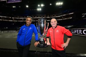Yannick Noah, Andre Agassi and the Laver Cup trophy. Photo: Ben Solomon/Laver Cup