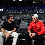 Grand Slam great Roger Federer welcomes Team World rookie Joao Fonseca. Photo: Ben Solomon/Laver Cup