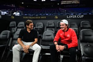 Grand Slam great Roger Federer welcomes Team World rookie Joao Fonseca. Photo: Ben Solomon/Laver Cup