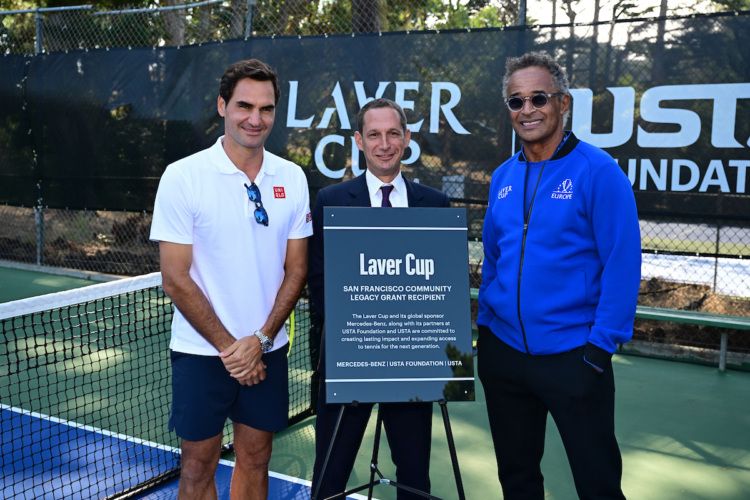 Roger Federer and Yannick Noah with San Francisco Mayor Daniel Lurie.