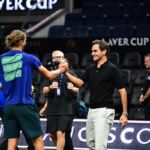Alexander Zverev greets 20-time Grand Slam great Roger Federer. Photo Ben Solomon/Laver Cup