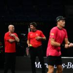 Team World captain Andre Agassi and Vice Captain Pat Rafter compare notes. Photo: Ben Solomon/Laver Cup