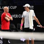 Andre Agassi has a word to his youngest player, Brazilian Joao Fonseca. Photo: Ben Solomon/Laver Cup