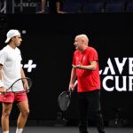 Andre Agassi joins Team World player Francis Cerundolo on Center Court. Photo: Ben Solomon/Laver Cup