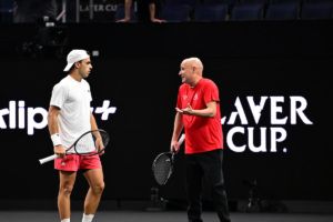 Andre Agassi joins Team World player Francis Cerundolo on Center Court. Photo: Ben Solomon/Laver Cup