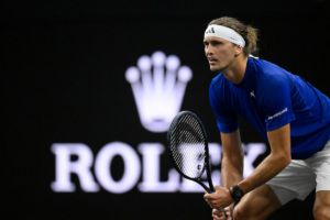 Team Europe's Alexander Zverev waits for a Demon serve.