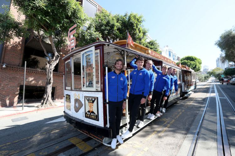 Team Europe takes a ride on the famous San Francisco cable car. 
