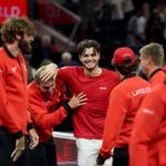 Taylor Fritz celebrates his victory over Zverev to seal the Laver Cup for Team World.