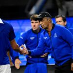 Team Europe Captain Yannick Noah urges on Alexander Zverev on Day 2.