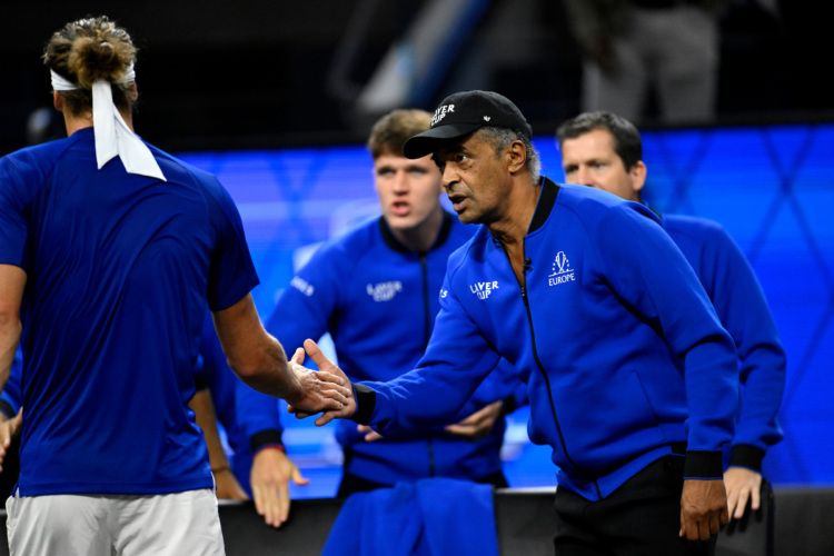 Team Europe Captain Yannick Noah urges on Alexander Zverev on Day 2.