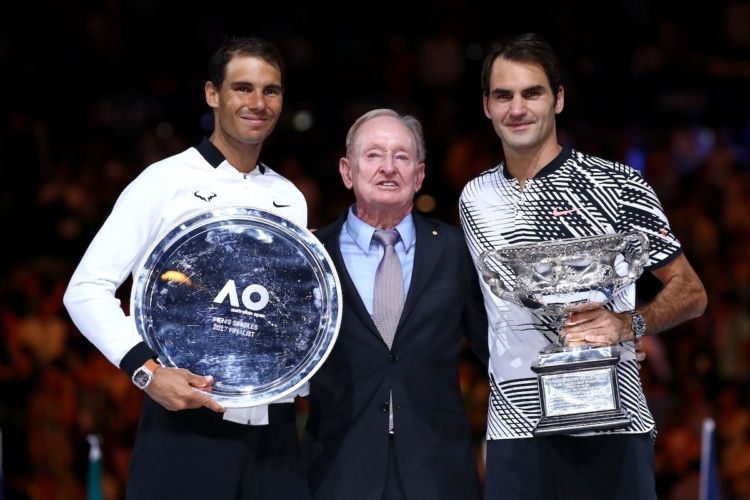 Roger Federer at the AO 2017 men's singles championship presentation with Rod Laver and Rafael Nadal.