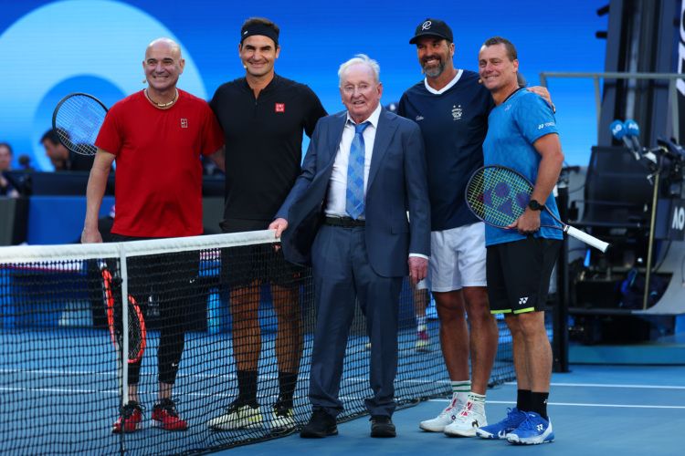Roger Federer is joined by Andre Agassi, Rod Laver, Pat Rafter and Lleyton Hewitt at the AO Opening Ceremony.