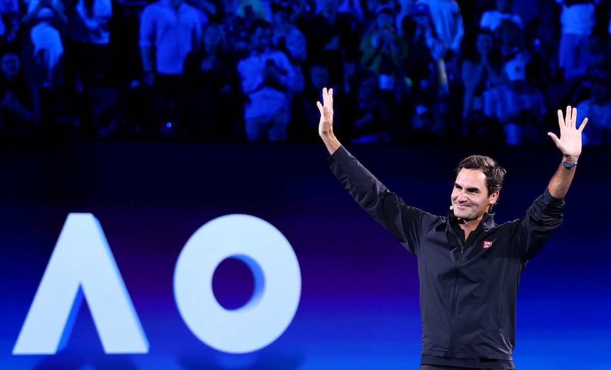 MELBOURNE, AUSTRALIA - JANUARY 17: Roger Federer of Switzerland acknowledges the audience after the Opening Ceremony exhibition match ahead of the 2026 Australian Open at Melbourne Park on January 17, 2026 in Melbourne, Australia. (Photo by Graham Denholm/Getty Images) 2026 AO Opening Ceremony
