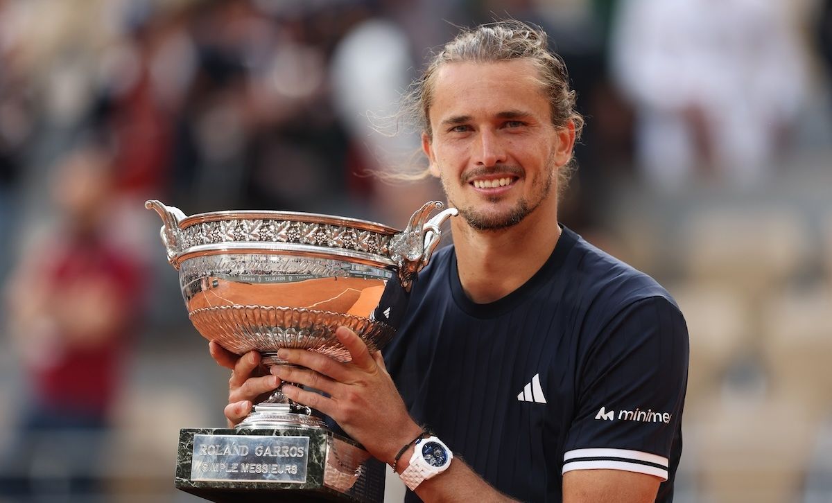 PARIS, FRANCE - JUNE 07: Alexander Zverev of Germany poses for a photo with the Coupe des Mousquetaires winners trophy after victory over Flavio Cobolli of Italy in the Men’s Singles final match on Day Fifteen of the 2026 French Open at Roland Garros on June 07, 2026 in Paris, France. (Photo by Dan Istitene/Getty Images) 2026 French Open – Day Fifteen
